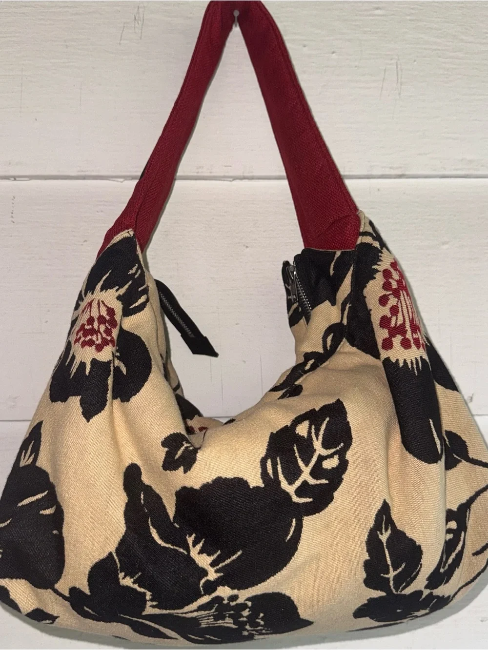 Vintage 1154 Lill Studio Gigantic Canvas Floral Hobo Bag with Red Handles